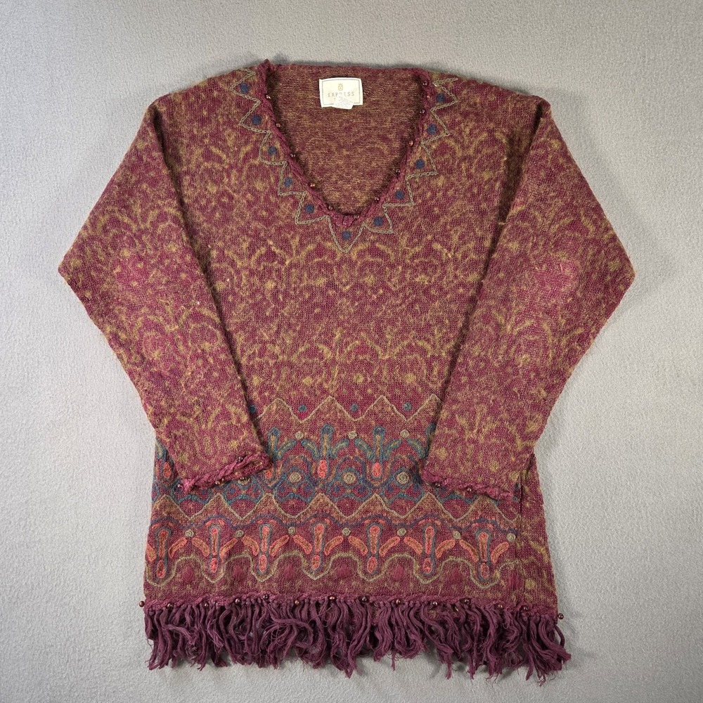 Express Tricot Sweater Womens Medium Red Mohair Wool Blend V Neck Beaded Fringe